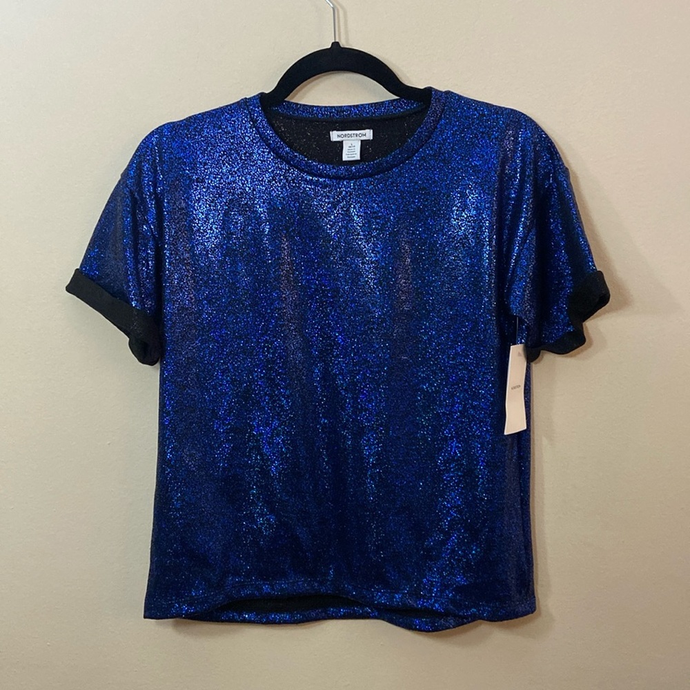 Nordstrom Girls Metallic Blue Sparkle T Shirt 10/12 Large New Party Holiday Top